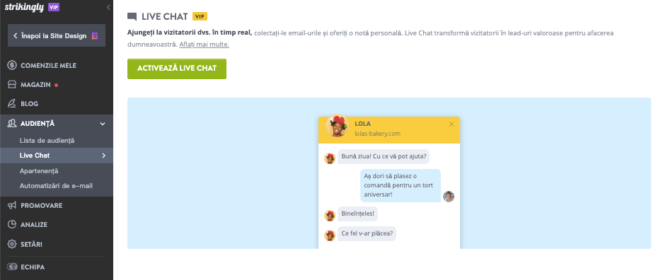 Strikingly ca exemplu de soluții inovatoare în designul web - chat live