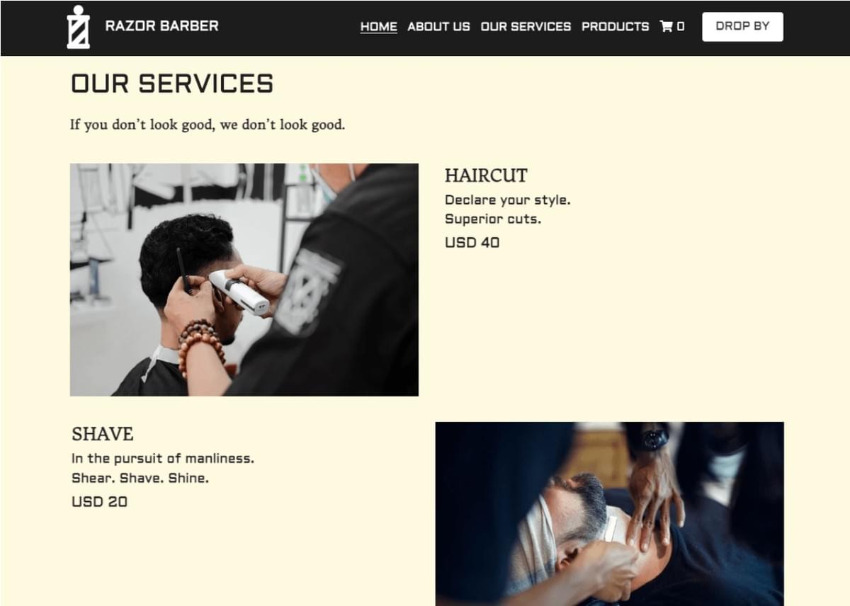 Razor Barber Dienstleistungsgeschäft-Vorlage von Strikingly