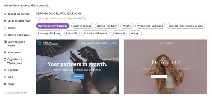 Strona wyboru szablonów Strikingly