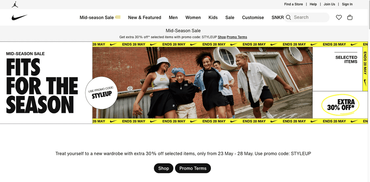 Página de inicio del sitio web de Nike