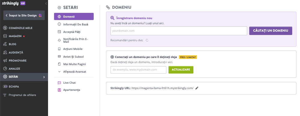 Implementarea domeniilor scurte cu Strikingly - Accesați Setările domeniului