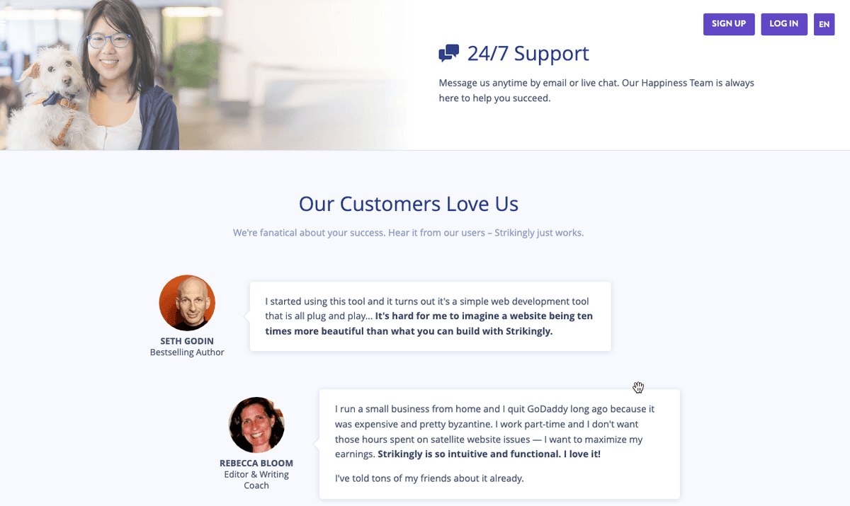 Suportul clienților Strikingly