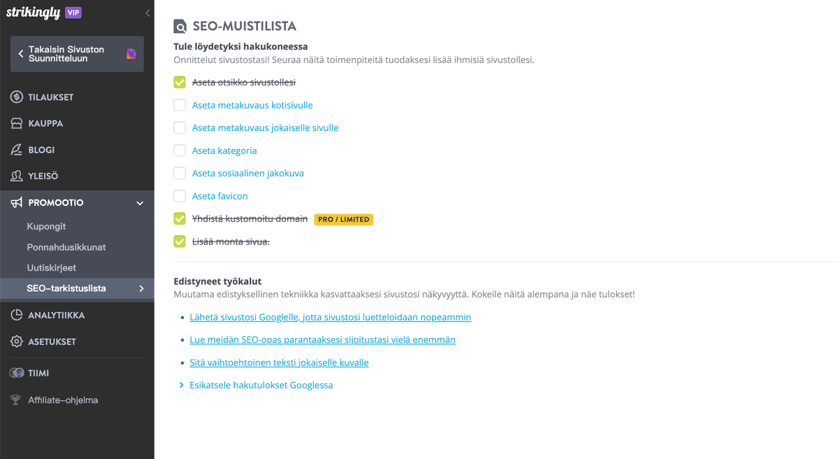 Strikingly SEO Tarkistuslista