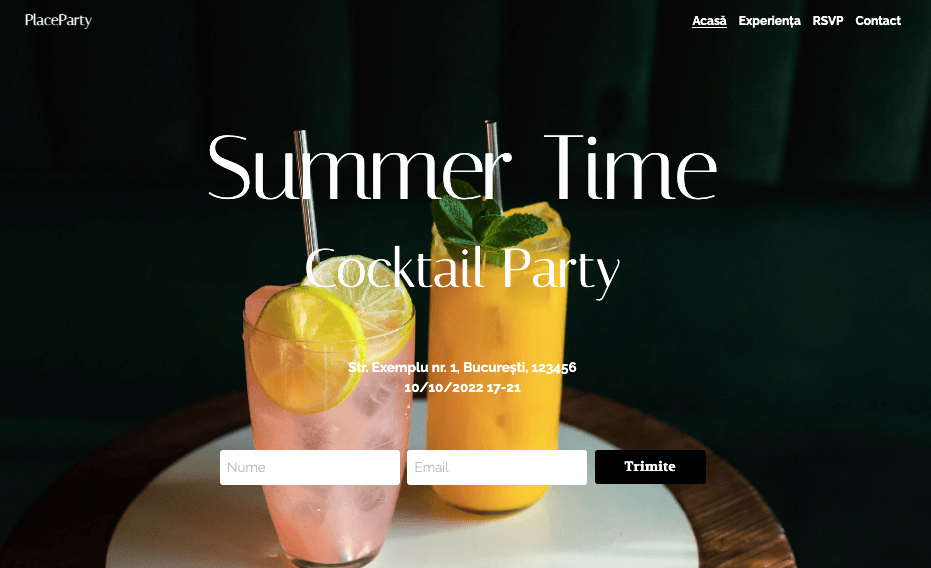 Șablonul PlaceParty de la Strikingly