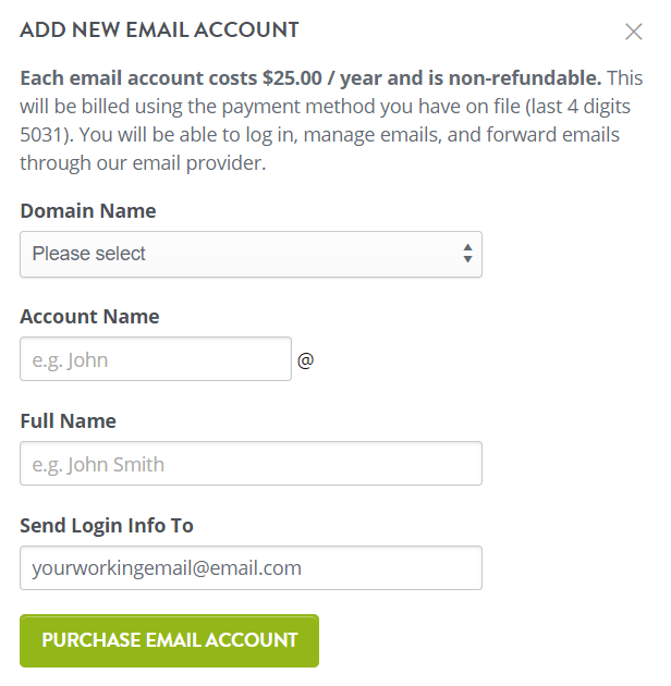 Pagina de configurare a contului de e-mail Strikingly
