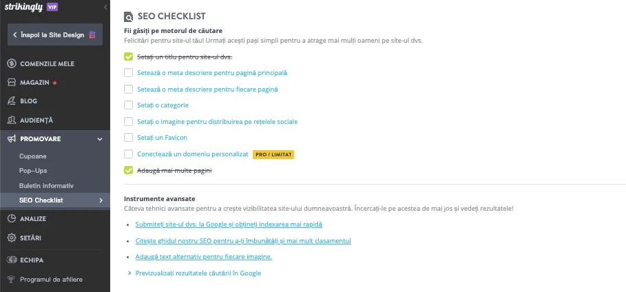 Site web responsiv de comerț electronic cu suportul Strikingly - beneficii SEO
