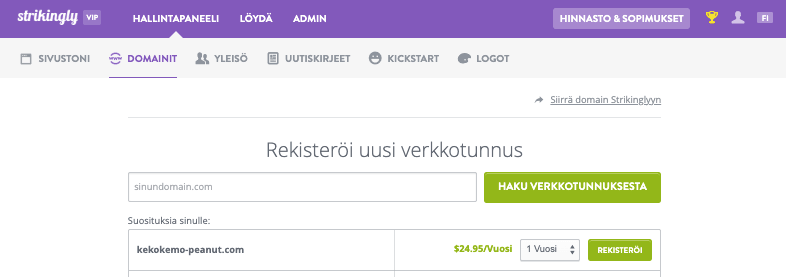 Lyhyiden verkkotunnusten käyttöönotto Strikinglyn avulla - Rekisteröi uusi verkkotunnus