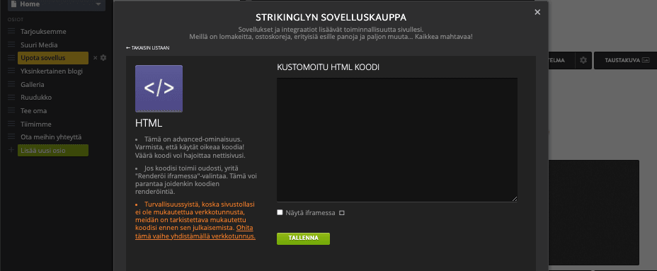 Cinemagraphs On Strikingly - Käytä mukautettua HTML-koodia