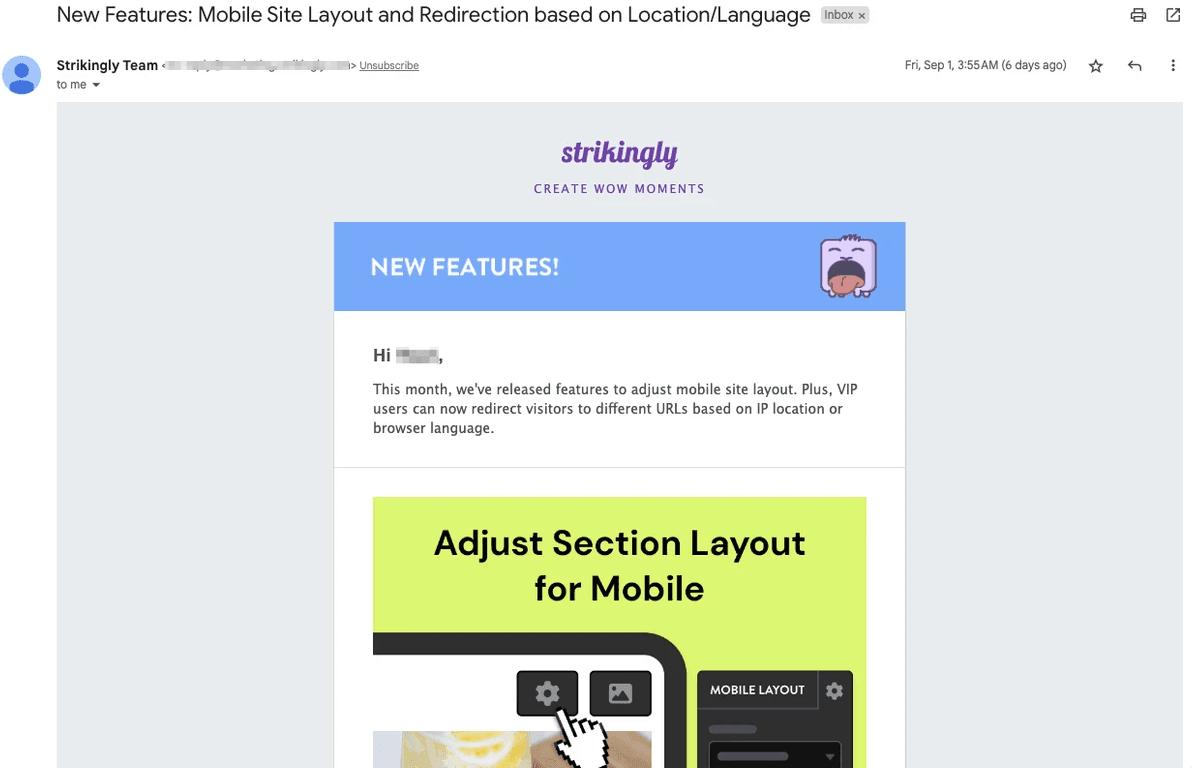 البريد الإلكتروني للميزة الجديدة في Strikingly