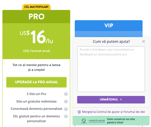 Strikingly LiveChat pe pagina de prețuri
