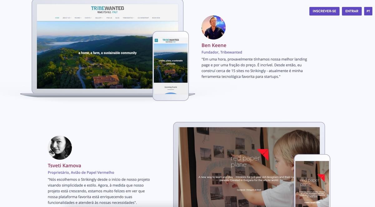 Depoimento de Cliente na Landing Page da Strikingly
