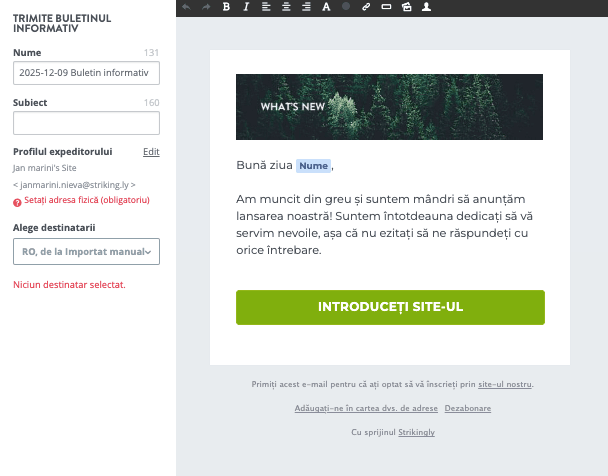 Funcția de buletin informativ Strikingly