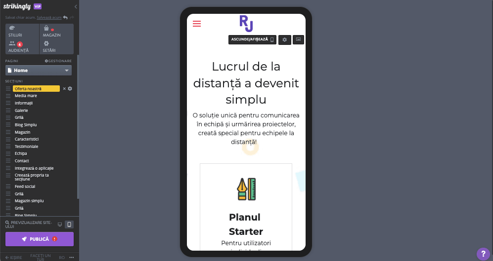 Editorul mobil Strikingly