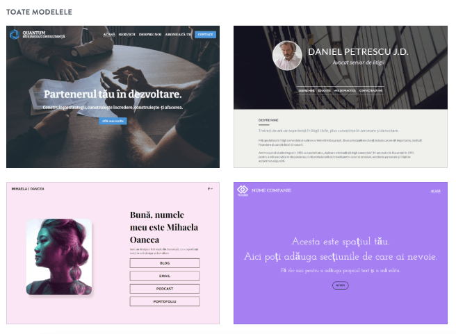 Pagina de selecție șablon magazin online Strikingly