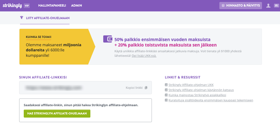 Strikingly Kumppanuusmarkkinointi Sivu