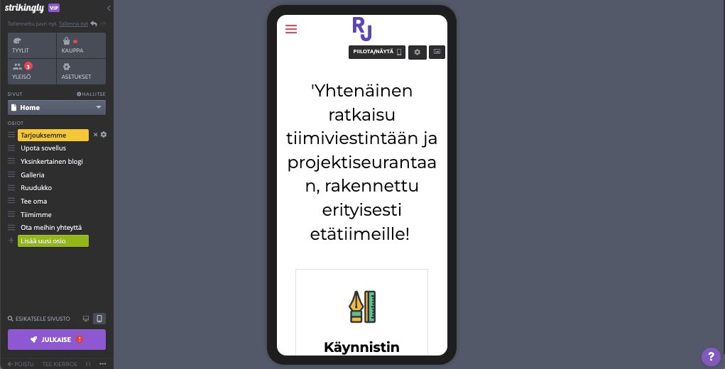 Strikingly Mobiili Editor
