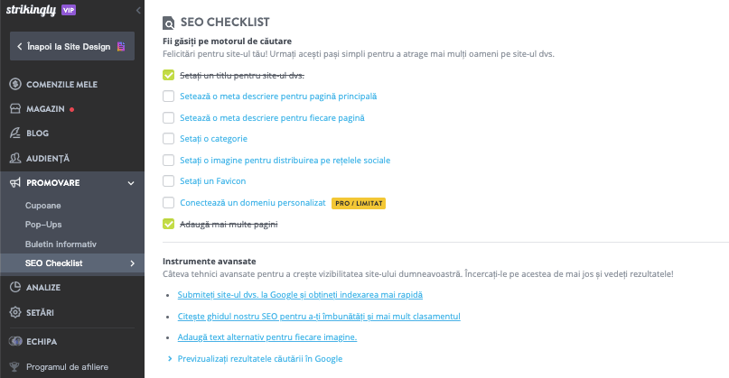 Cum să creezi un site web pentru aplicația mobilă cu Strikingly - Setări SEO