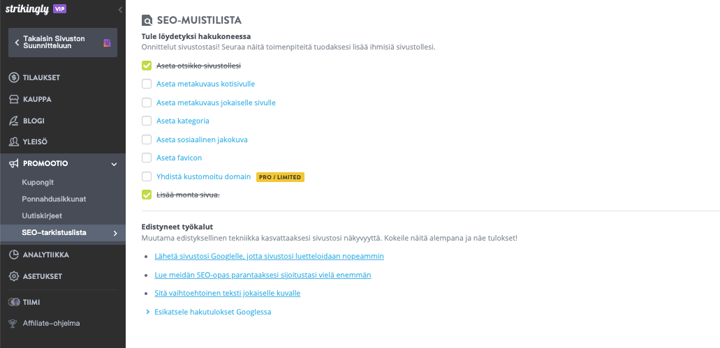 Strikingly SEO -tarkistuslista