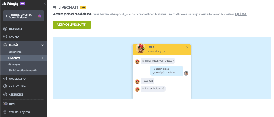 Strikinglyn LiveChat-ominaisuus