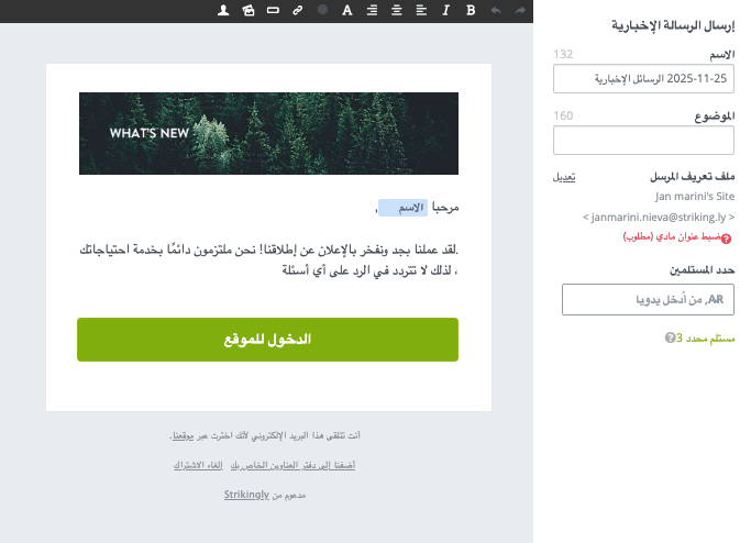ميزة الرسائل الإخبارية من Strikingly