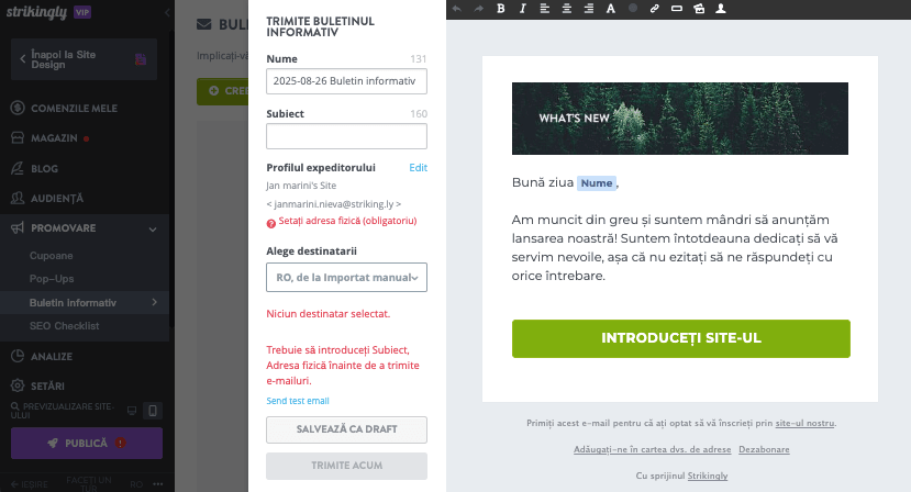 Buletin informativ de vânzări cu Strikingly - configurați o campanie de e-mail