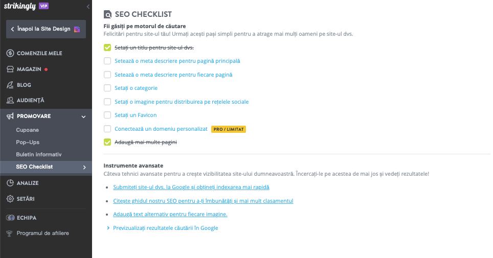 Lista de verificare SEO Strikingly