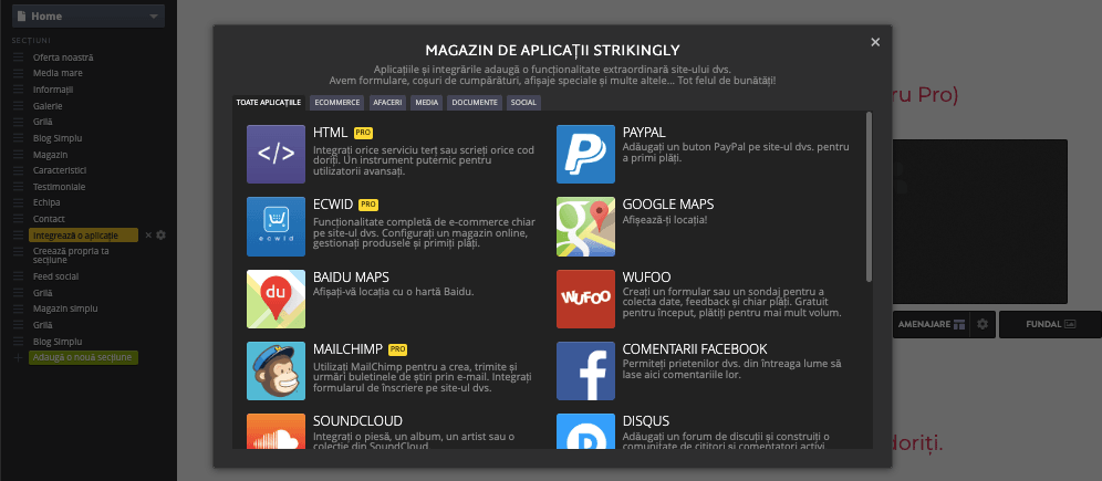 Personalizarea e-mailurilor cu Strikingly - Integrări