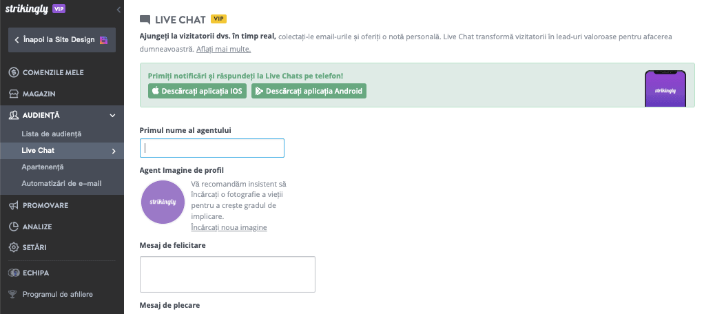 Pagina de configurare a răspunsului automat