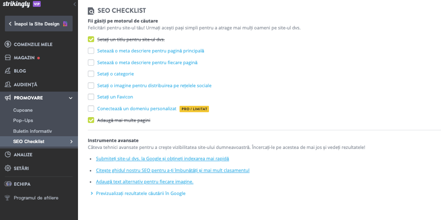 Lista de verificare SEO Strikingly