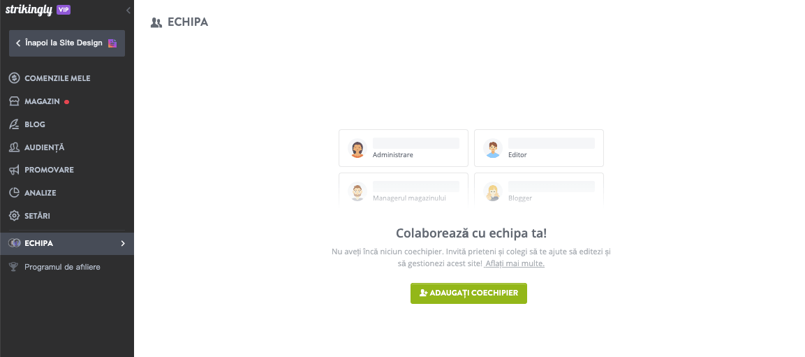 Funcția de colaborare în echipă de la Strikingly