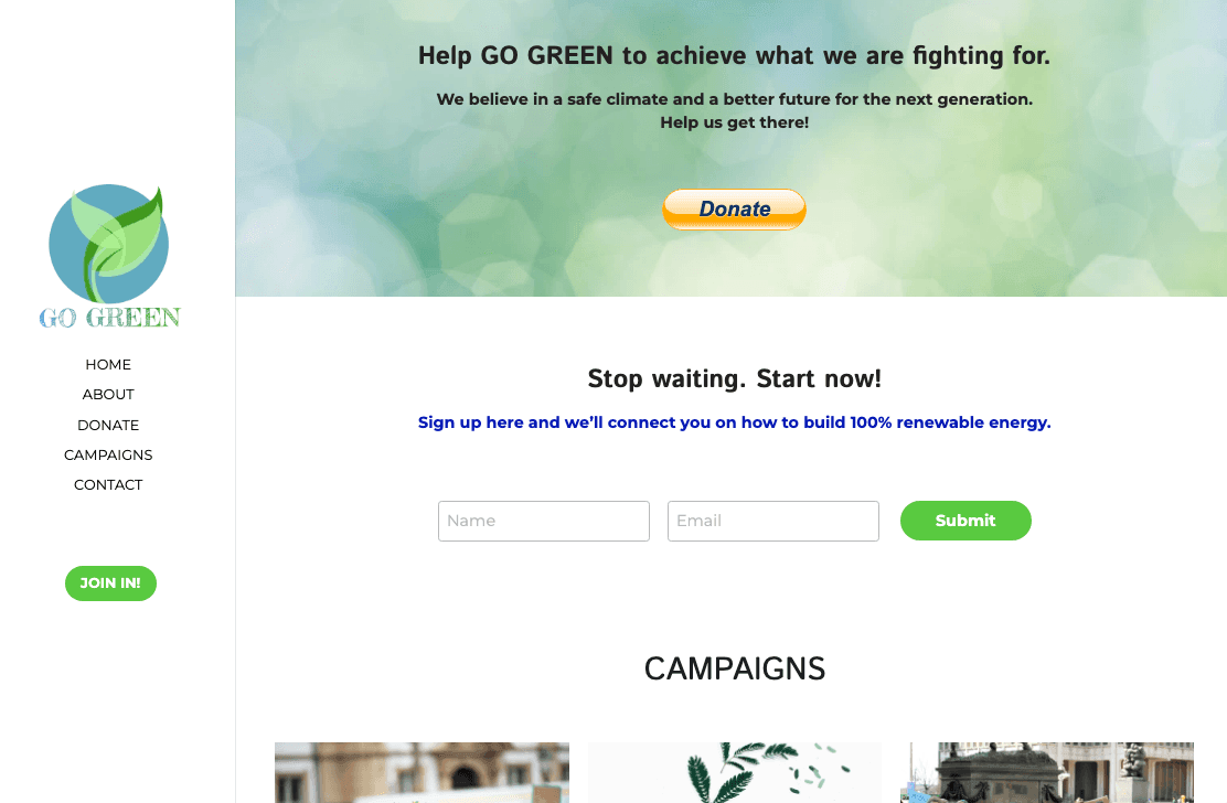 Szablon Zbiórki Go Green od Strikingly