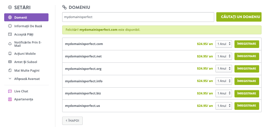 Pagina de selectare a domeniului
