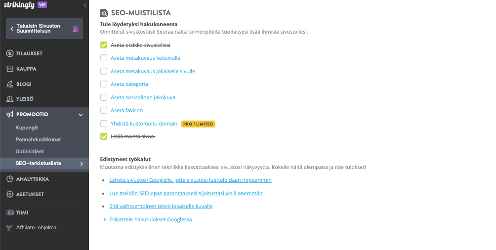 Strikingly SEO Tarkistuslista