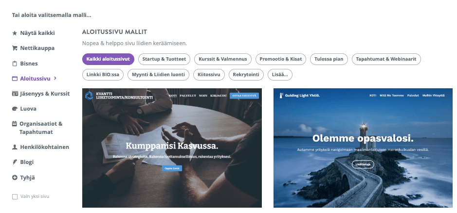 Strikingly-mallivalintasisältö