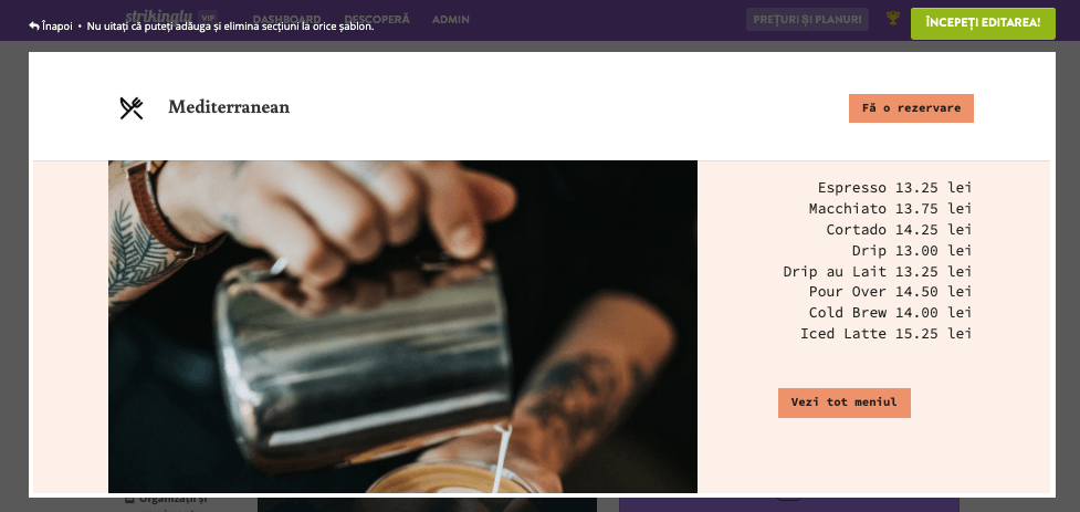 Construirea unei afaceri de cafea cu Strikingly - Sublinează meniul tău de cafea