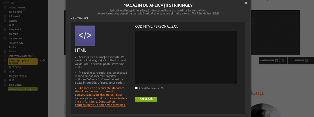 Cinemagraphs pe Strikingly - Folosește HTML personalizat