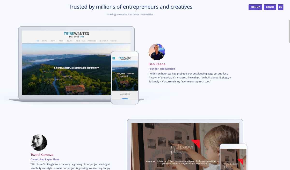 Pagini de pornire optimizate pentru mobil de Strikingly