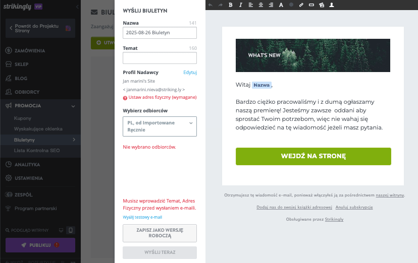 Biuletyn sprzedażowy Strikingly – skonfiguruj kampanię e-mailową
