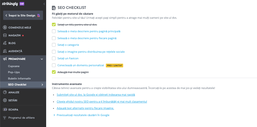 Funcții pe Strikingly că viteza paginii principale pentru performanță maximă a site-ului web - Instrumente SEO încorporate