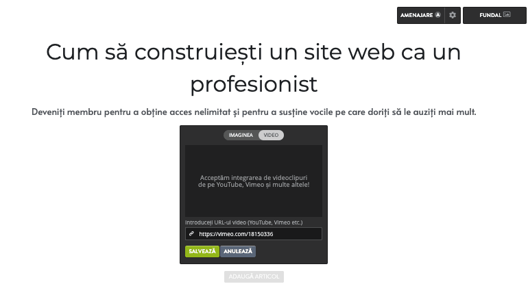 Secțiunea Video Strikingly: youtube html embed