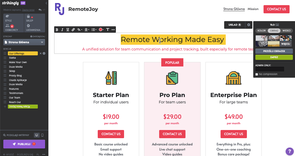 Biuletyn sprzedaży z funkcją Strikingly – dostosuj elementy projektu