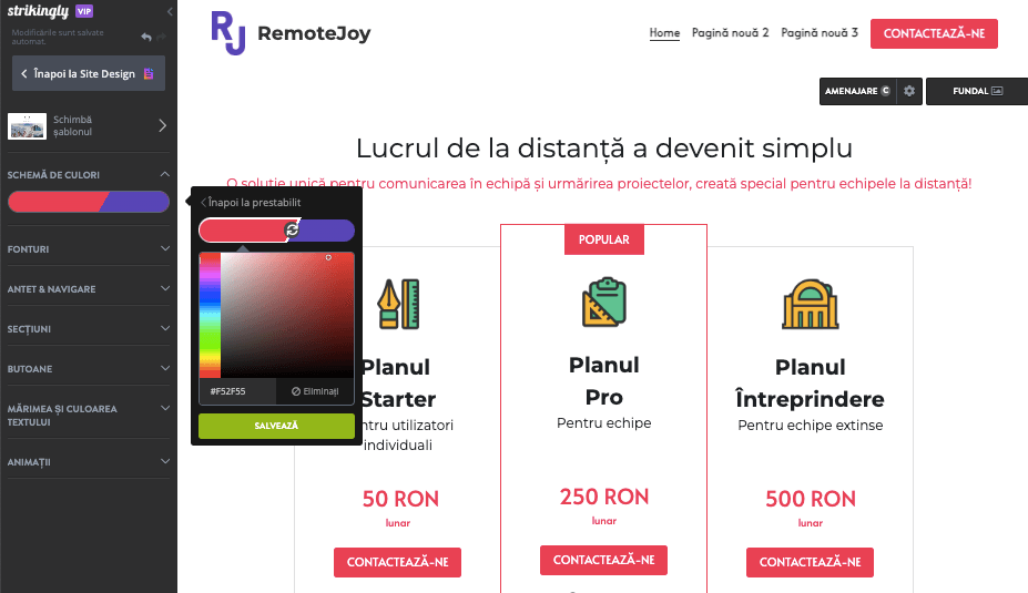 Editorul de stiluri Strikingly