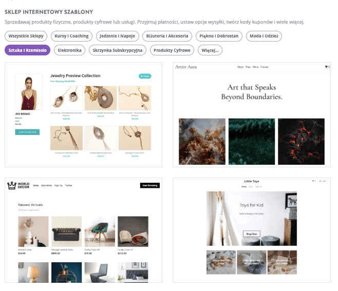 Strona wyboru szablonu sklepu internetowego Strikingly
