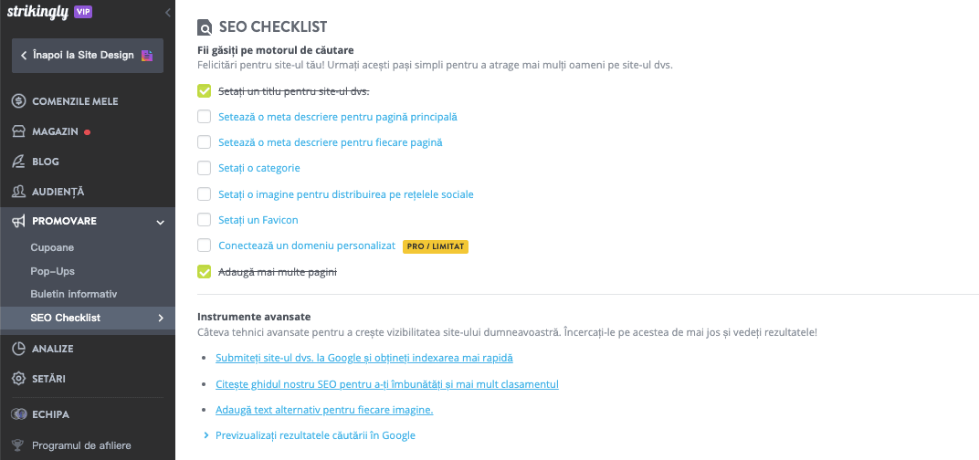 Lista de verificare SEO Strikingly