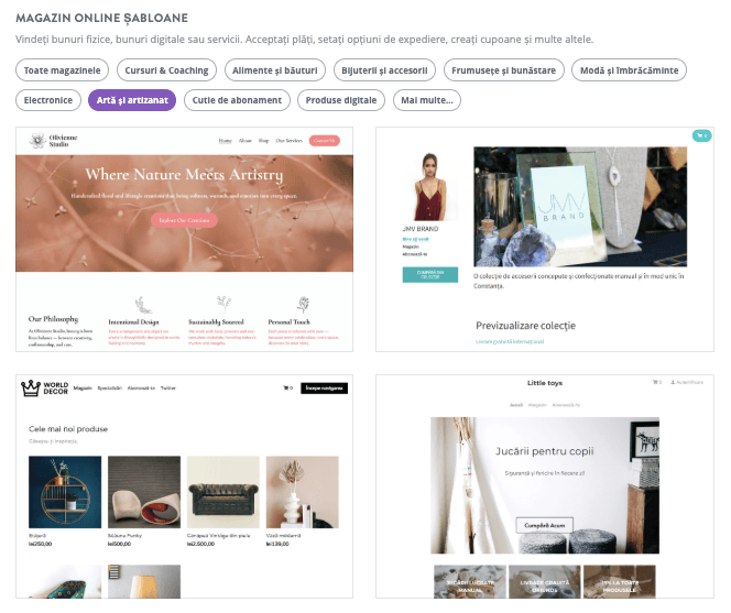 Pagină de selecție a șabloanelor Strikingly