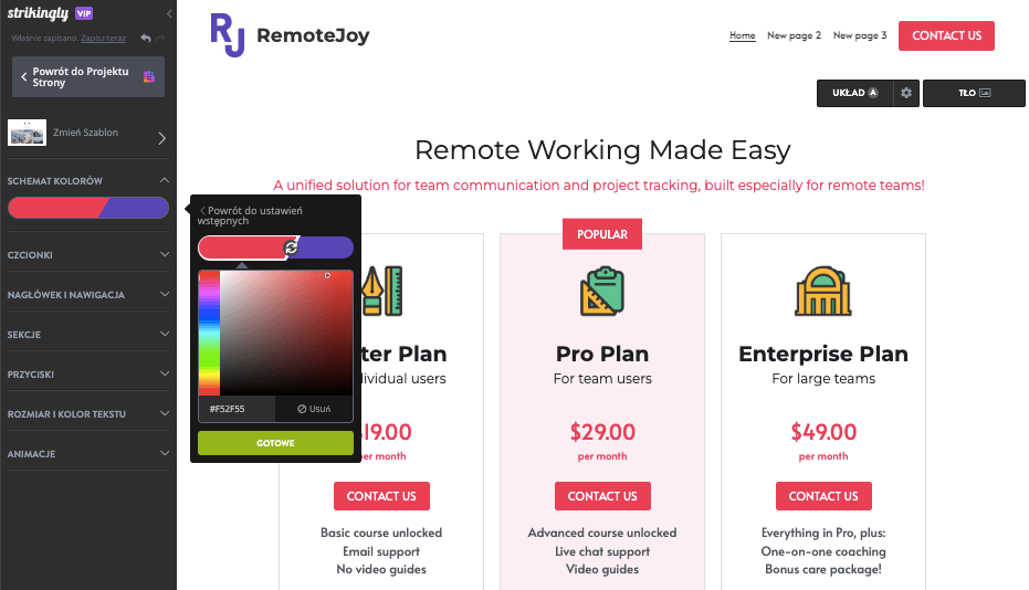 Edytor stylów Strikingly