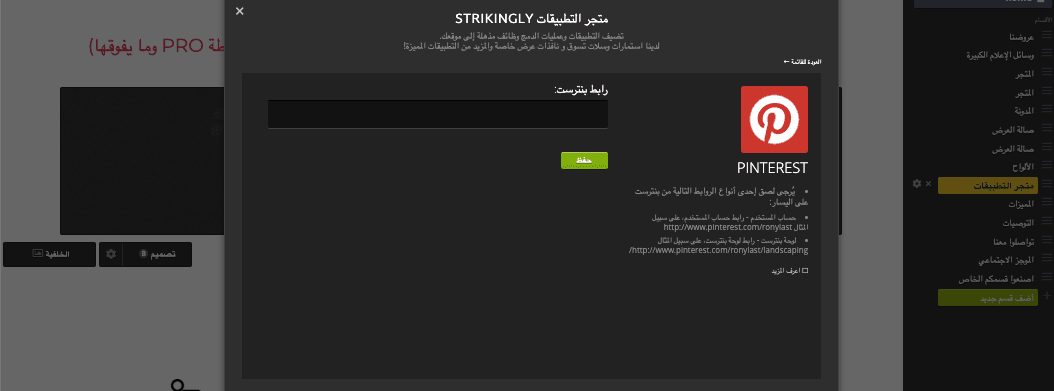 Strikingly لدمج Pinterest بسلاسة للأعمال - تضمين الكود على Strikingly