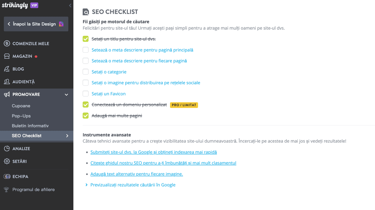 Lista de verificare SEO Strikingly