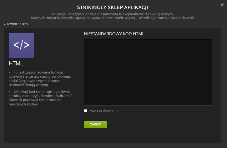 Sekcja HTML Strikingly poprzez App Store