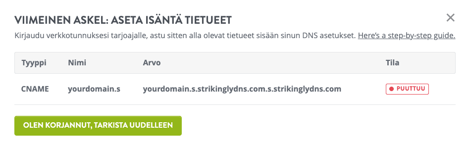 Strikingly DNS-tietueet